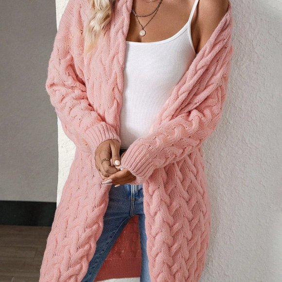 Pink Casual Womens Cable Knit Drop Shoulder Duster Cardigan - Picture 3 of 5